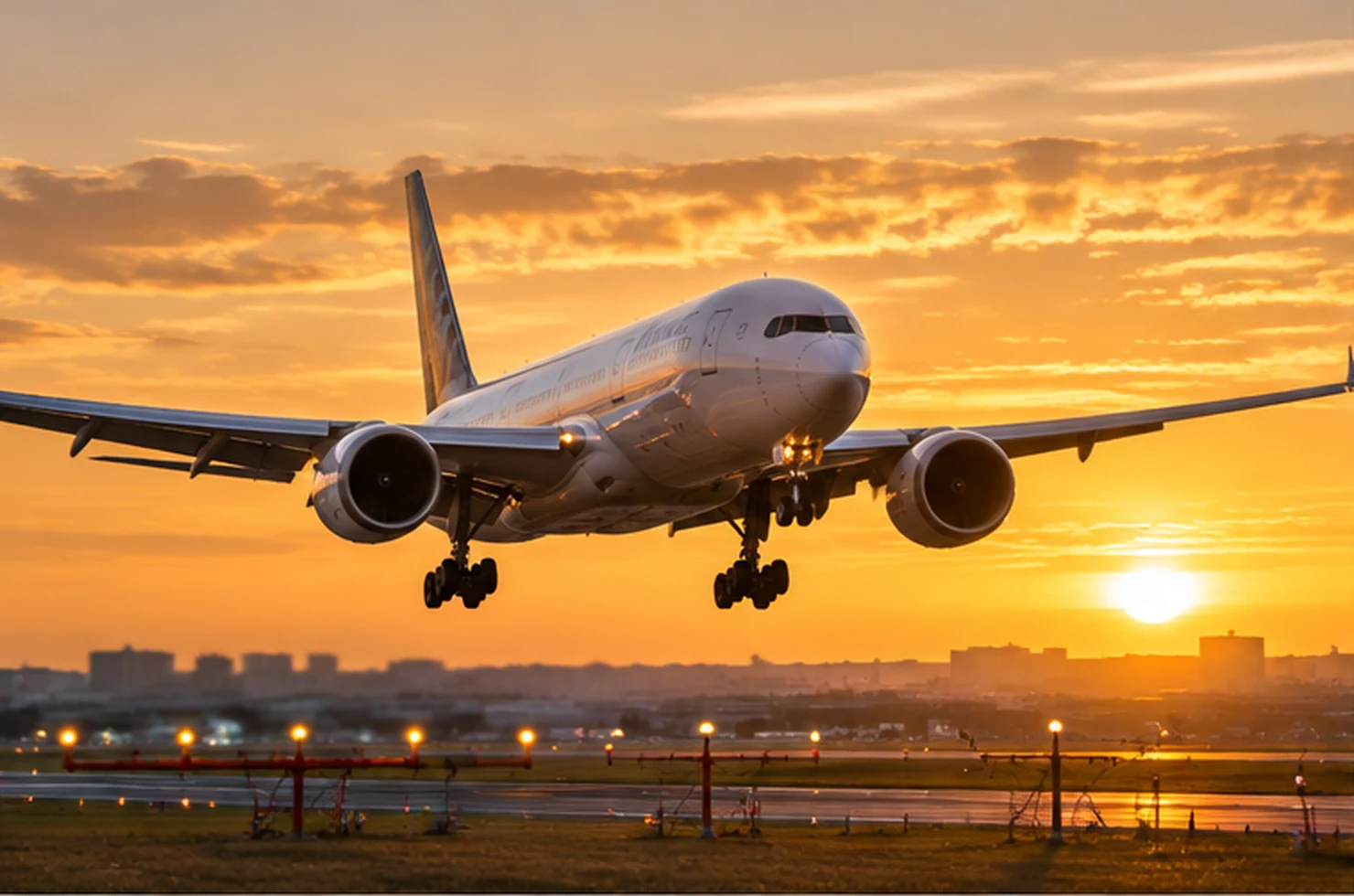 Passenger airliner on final approach at golden hour