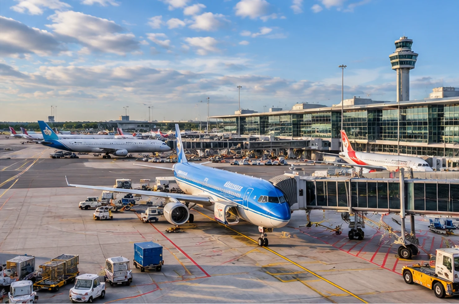 Commercial aircraft and airport apron operations in daylight