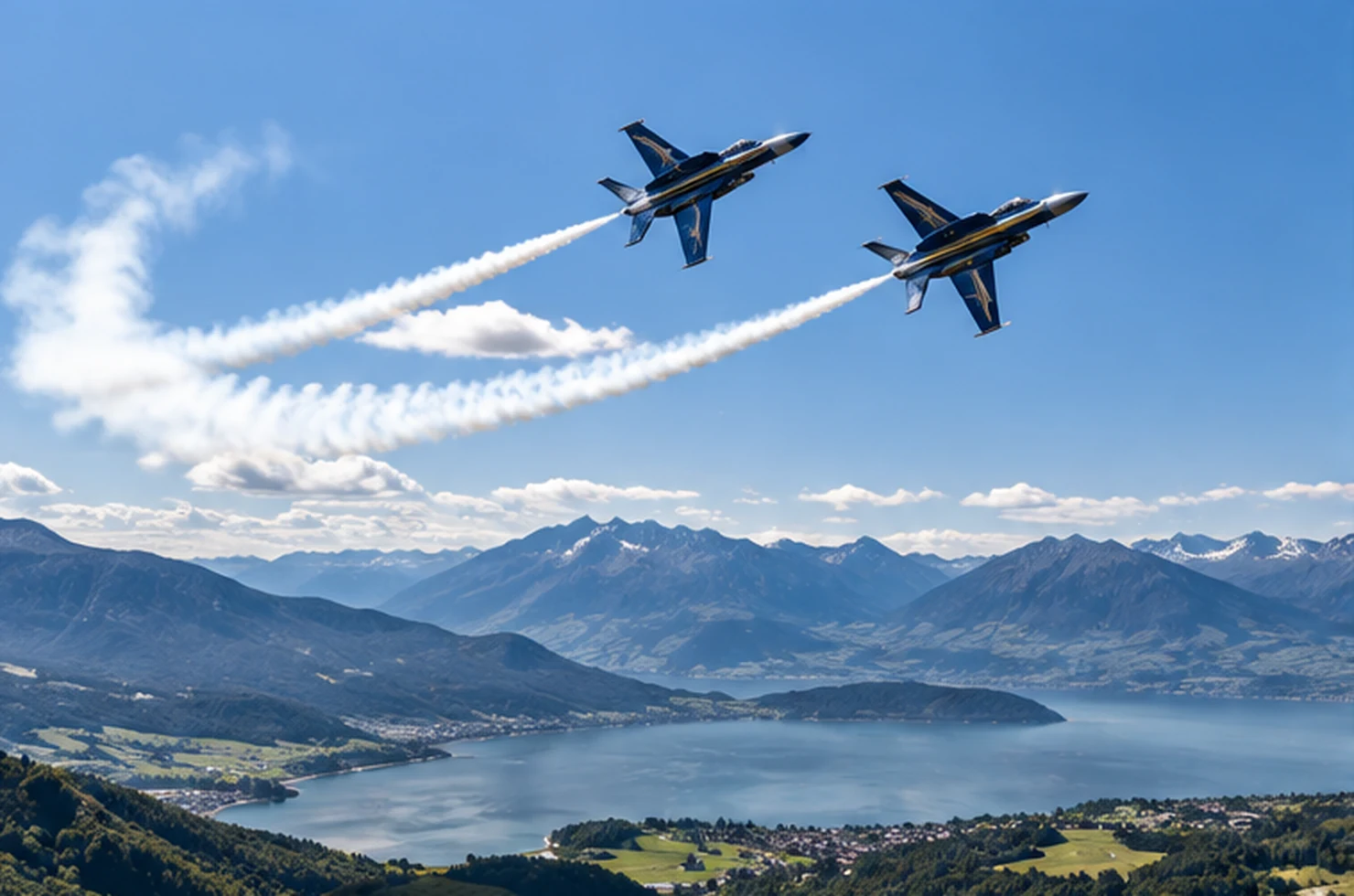 Aerobatic jet formation over a mountain lake