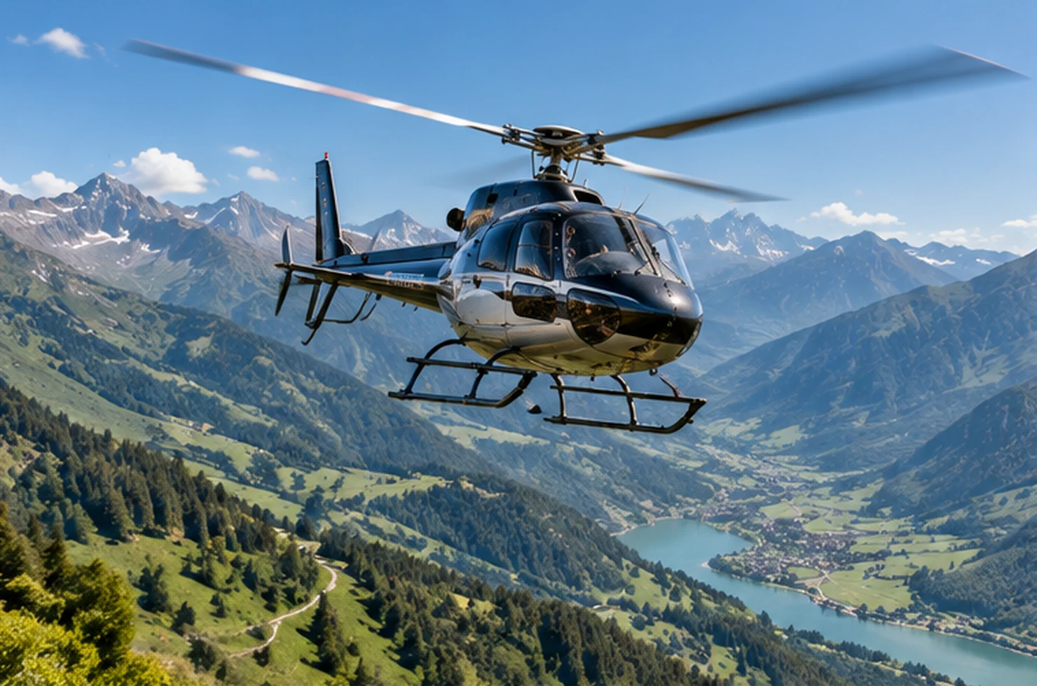 Helicopter in flight over an alpine landscape