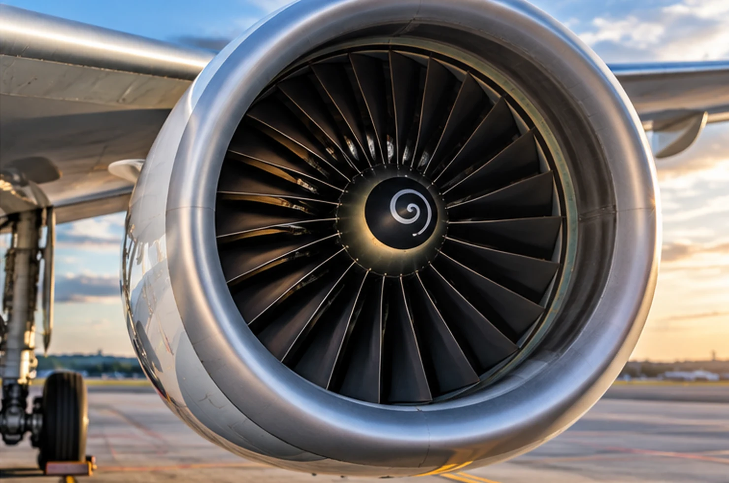 Close-up of a commercial aircraft turbofan engine