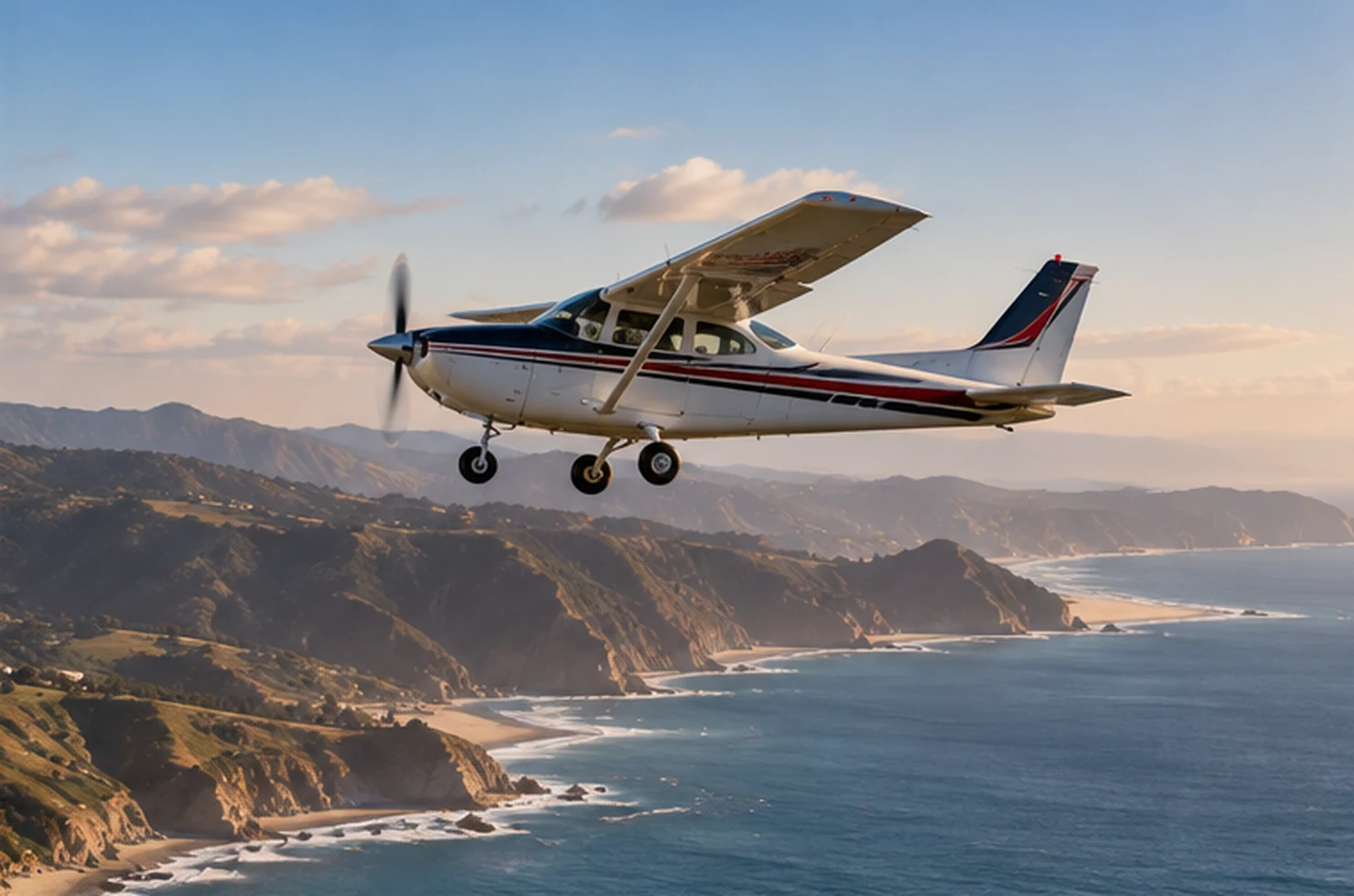 Single-engine aircraft flying over the coast
