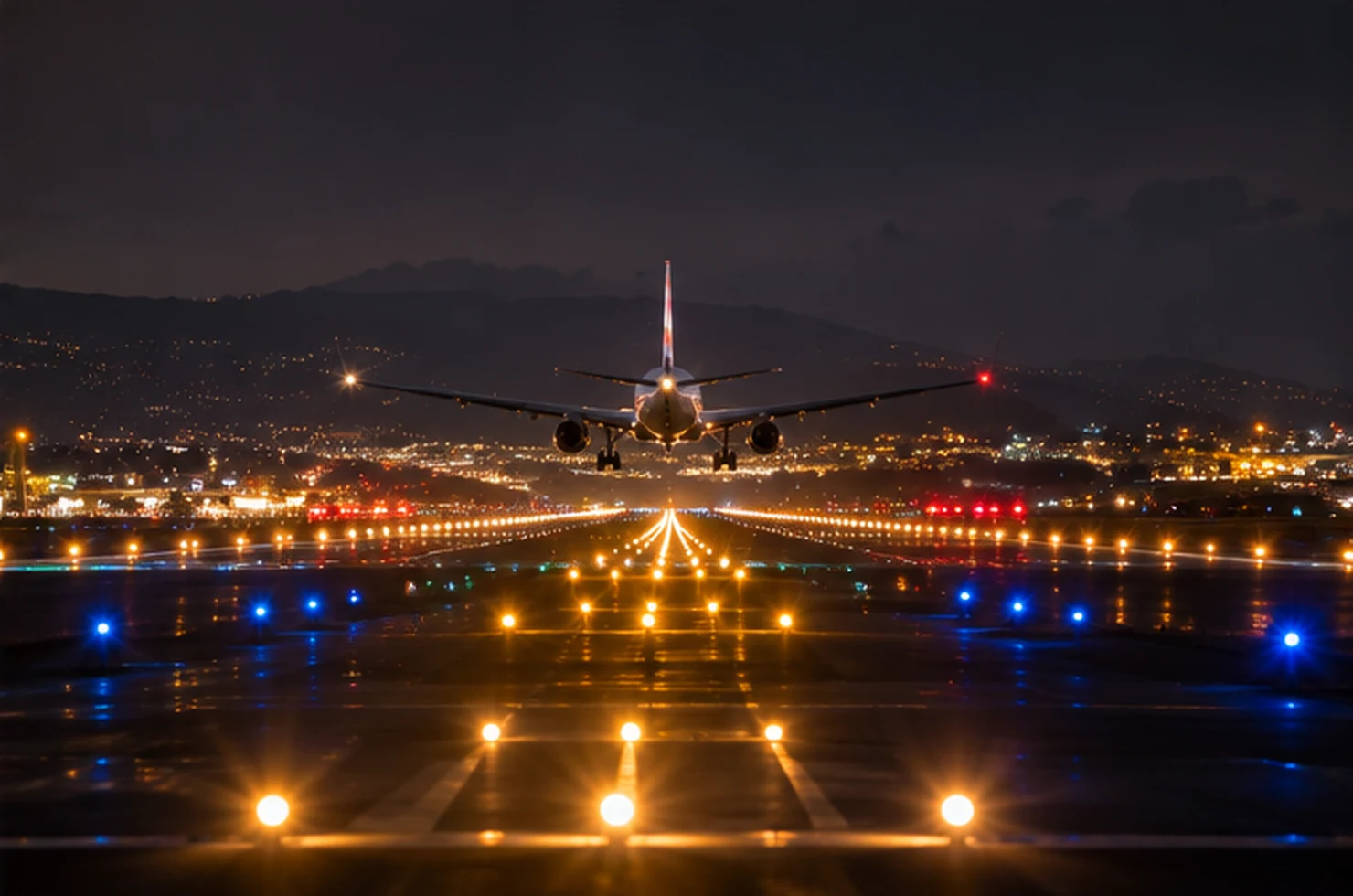 Airliner approaching a brightly illuminated runway at night