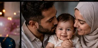 Parent holding a baby in soft natural light