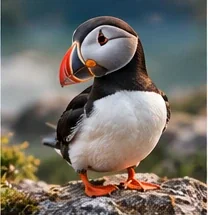 Puffin standing on a rocky coastal ledge