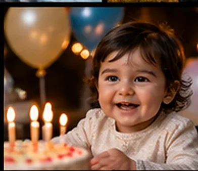 Toddler with birthday candles and warm event lights