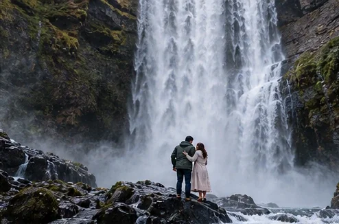 Small couple portrait in front of a powerful waterfall