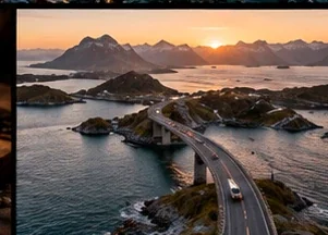 High aerial view of islands and a long bridge