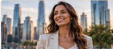 LinkedIn-style portrait of a woman in an urban office setting
