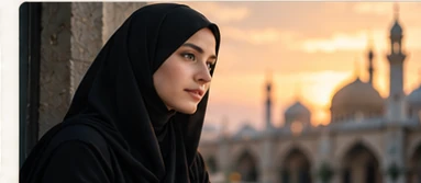 Quiet portrait of a woman in a dark headscarf near historic architecture