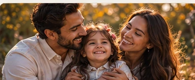 Family portrait with parents and child in warm evening light