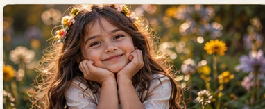 Portrait of a child in flowers for a playful celebration mood