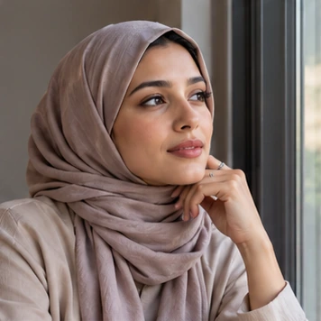 Portrait of a woman in a beige headscarf in soft light
