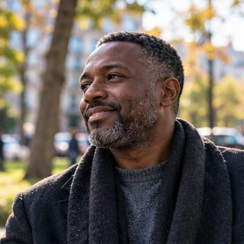 Outdoor portrait of a smiling Black man in autumn light