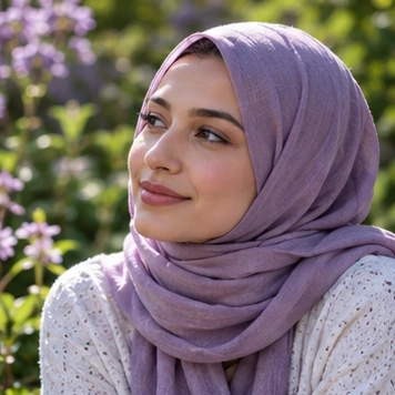 Outdoor portrait of a woman in a lilac headscarf