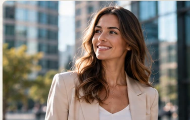 Outdoor professional portrait of a woman with city skyline
