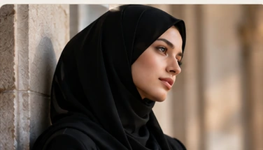Profile portrait of a woman in black modest styling