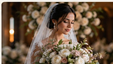 Bride portrait with bouquet and floral background