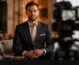 Speaker or interview guest in a professional setting