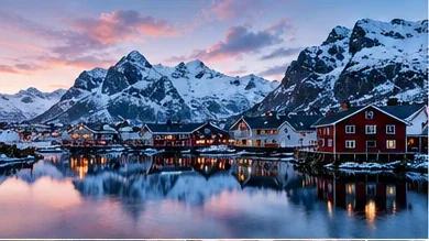 Winter village scene surrounded by mountains