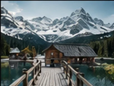 Mountain lake and cabins in a calm alpine setting