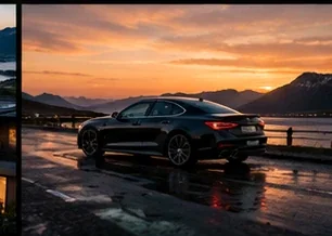 Automotive product image by the coast at sunset