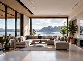 Bright living room with panoramic windows