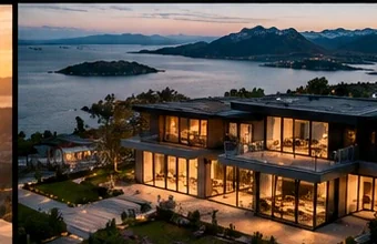 Residential exterior photographed at sunset