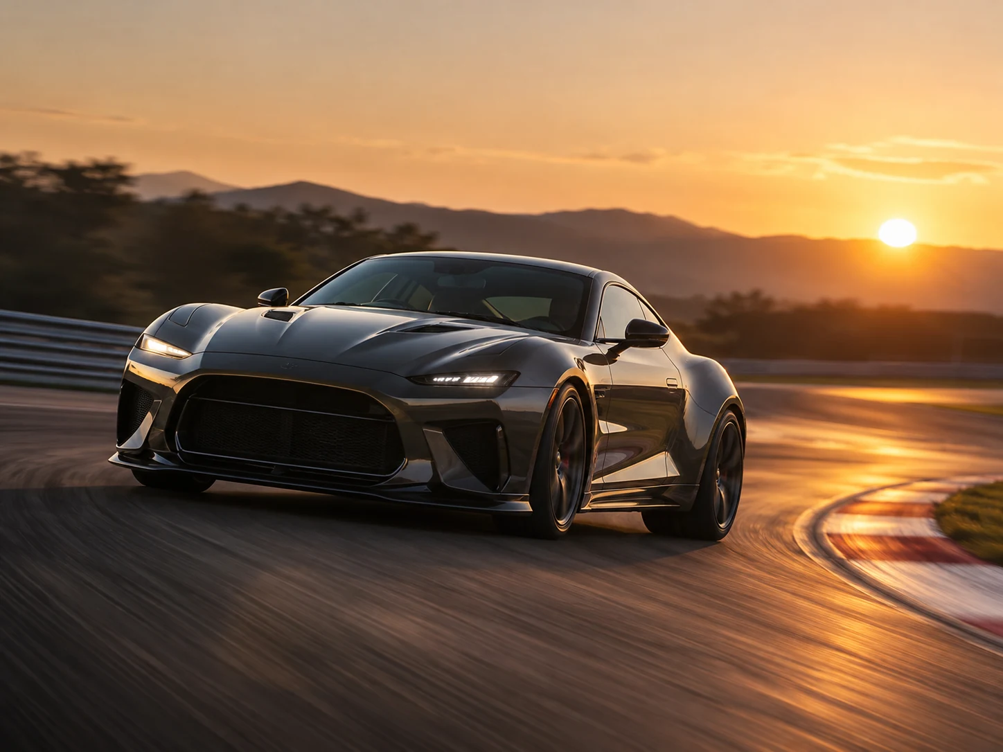 Dynamic sports car cornering on a racetrack at sunset