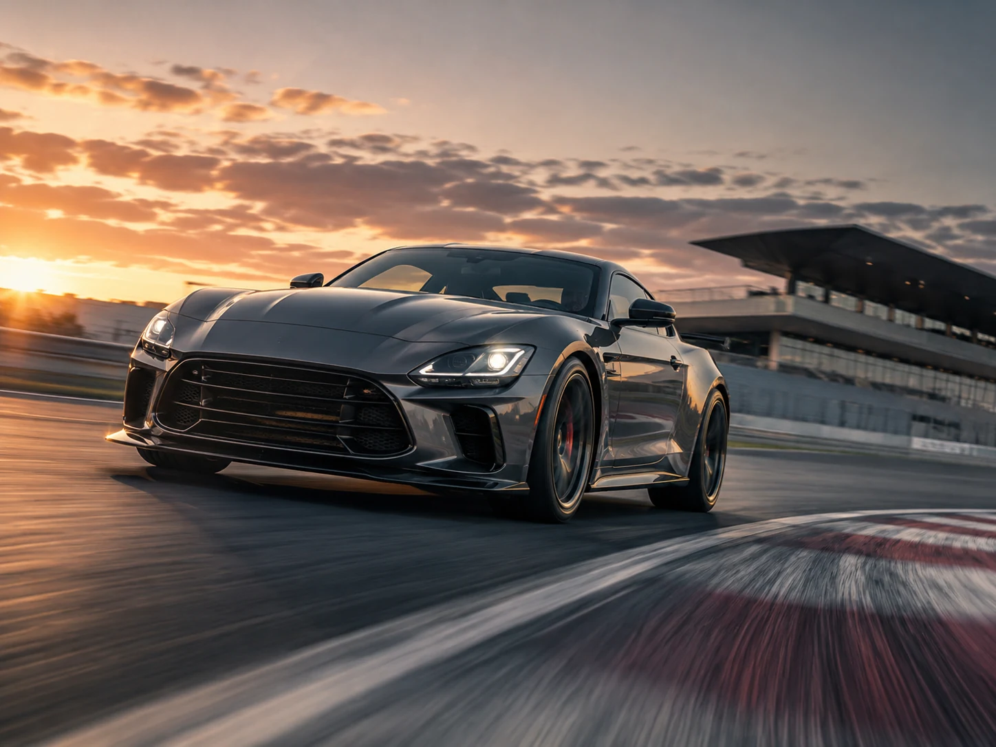 Low-angle motorsport image of a dark sports coupe on track