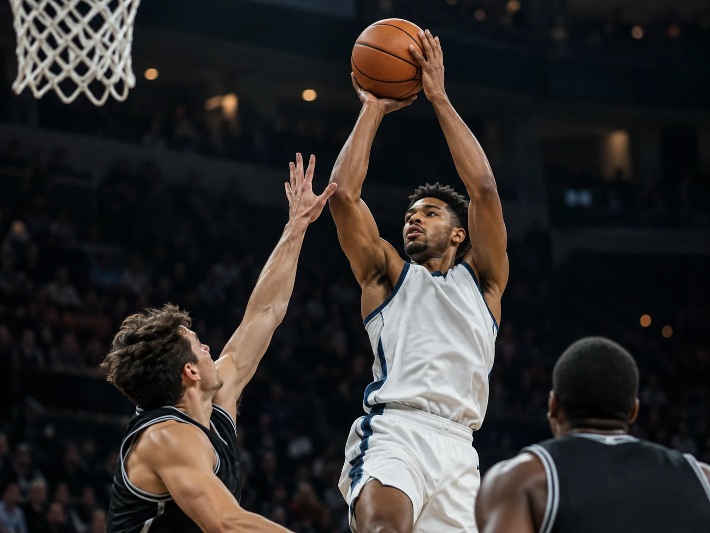Basketball player rising for a shot in an indoor arena