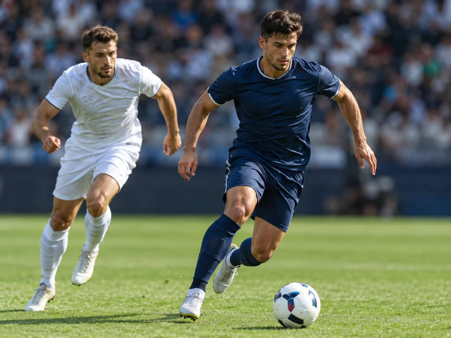 Football player sprinting with the ball in a stadium match