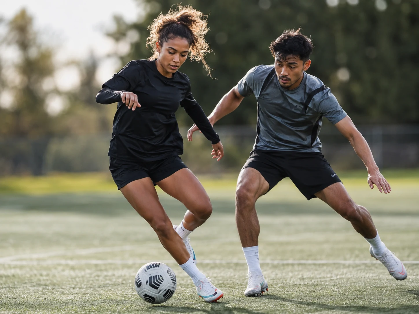 Two football players contesting the ball during training