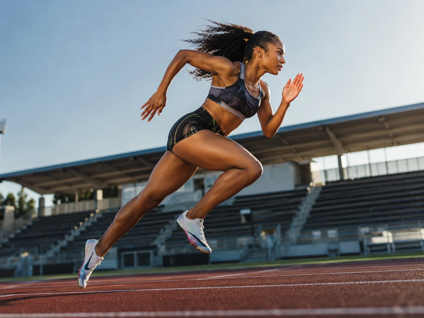 Female sprinter powering down a running track