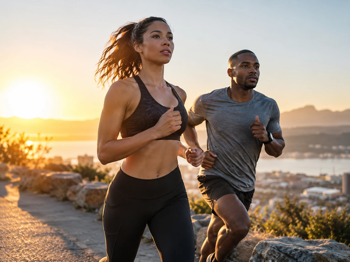 Two runners training together at golden hour