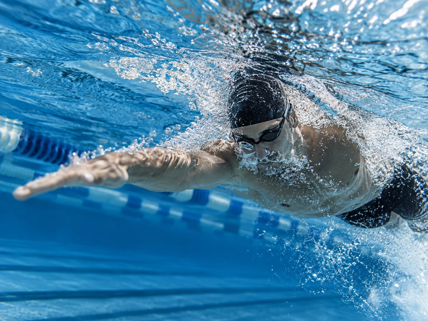 Underwater freestyle swimmer in a pool lane