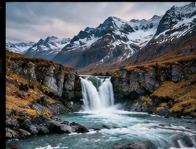 Large alpine waterfall and rocky mountain landscape