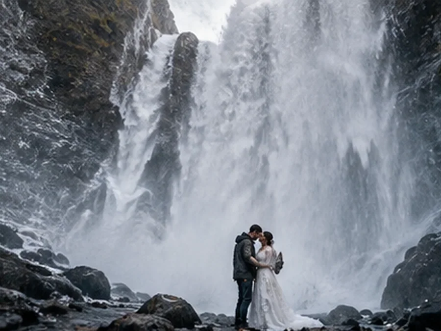 Dramatic close view of a powerful waterfall