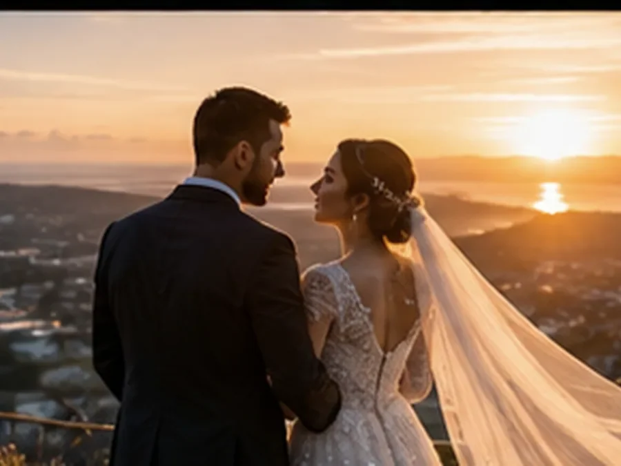 Wedding couple portrait at golden hour