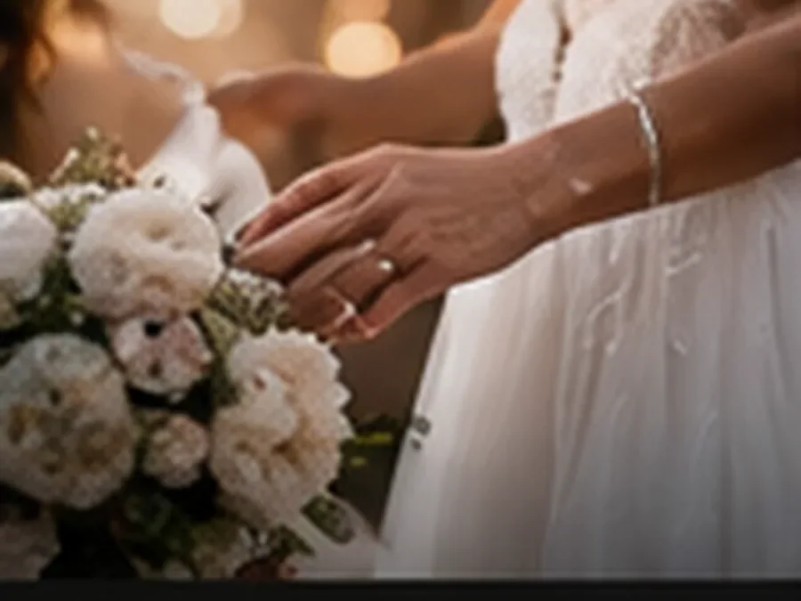 Wedding detail of bouquet and hands