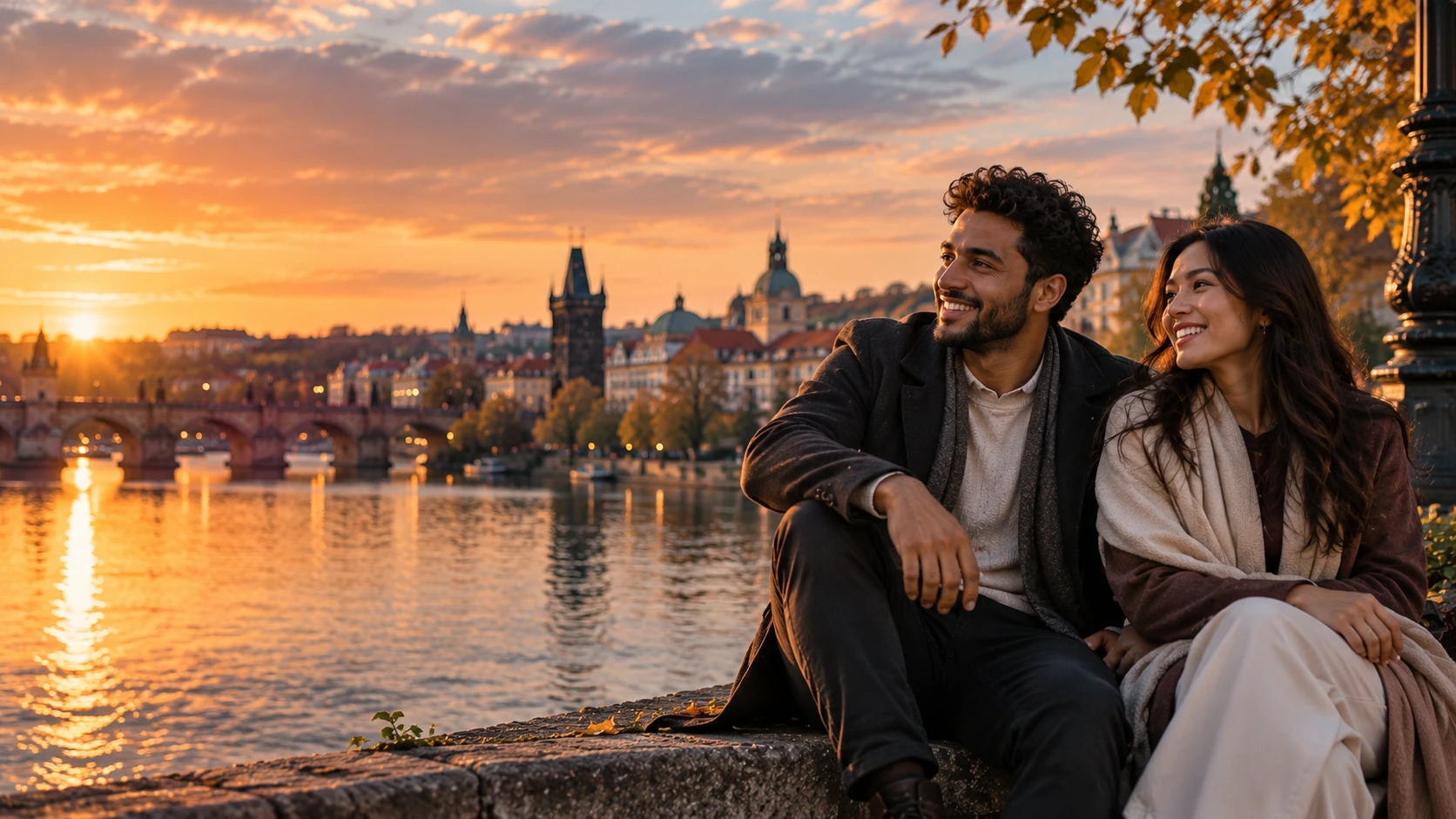 Illustrative portrait of a couple by a river at sunset